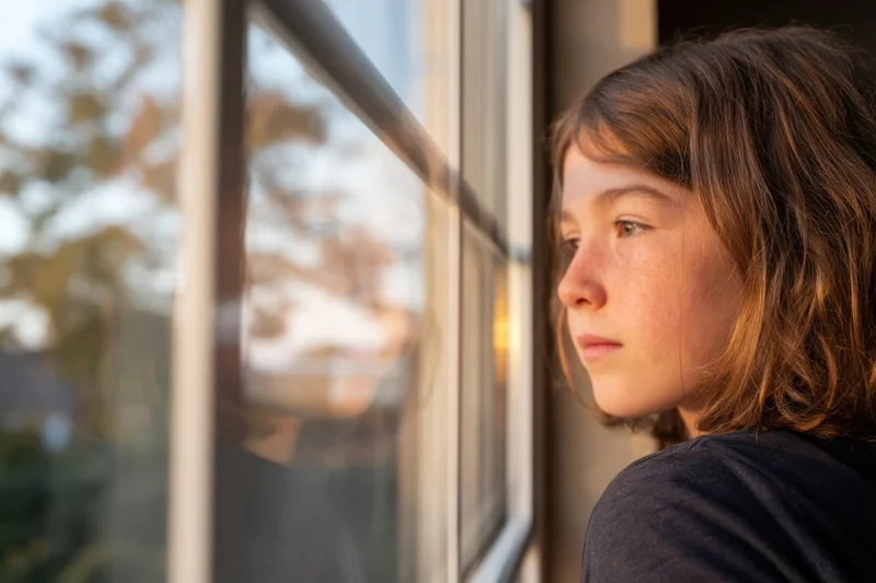 Young girl gazing out of window with soft reflection in glass at home