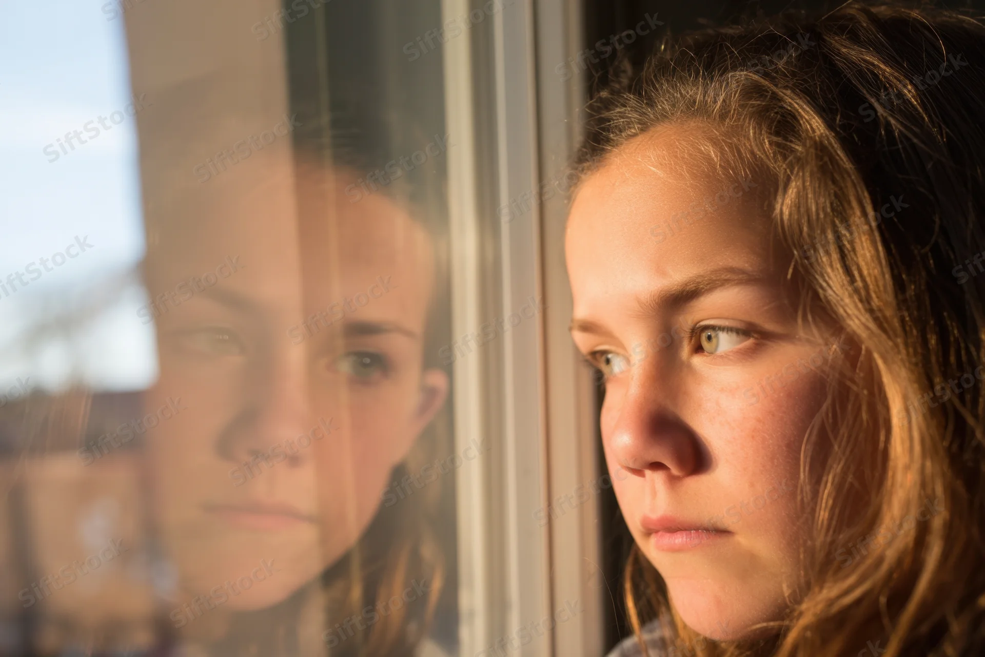 Young girl gazing out of window with her reflection visible on glass