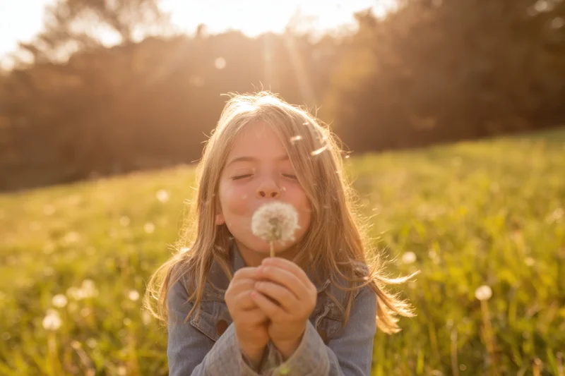 Young girl blowing dandelion seeds in a sunlit meadow