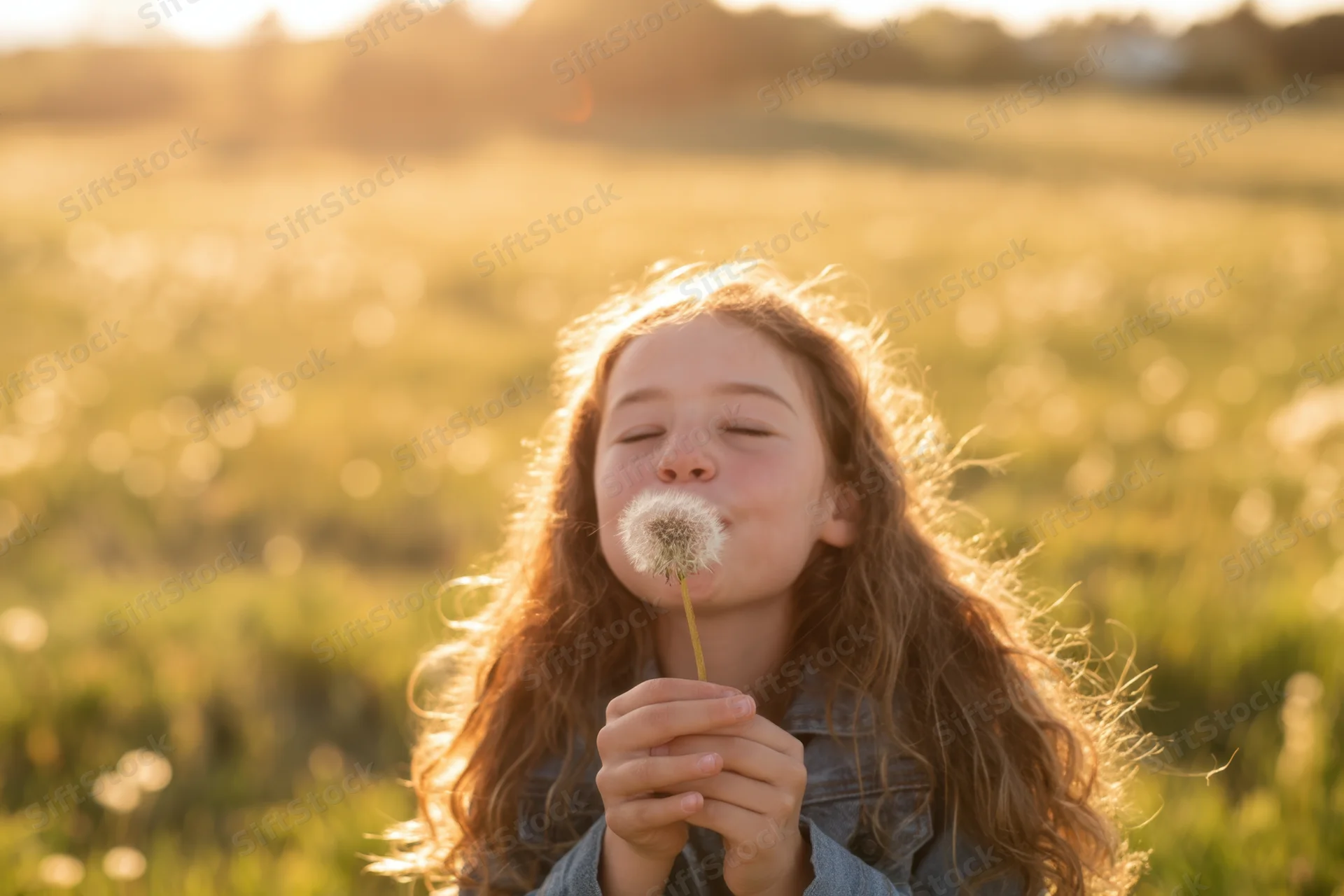 Young girl blowing dandelion seeds in a sunlit meadow