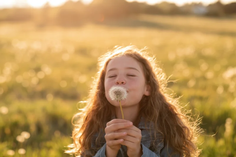 Young girl blowing dandelion seeds in a sunlit meadow
