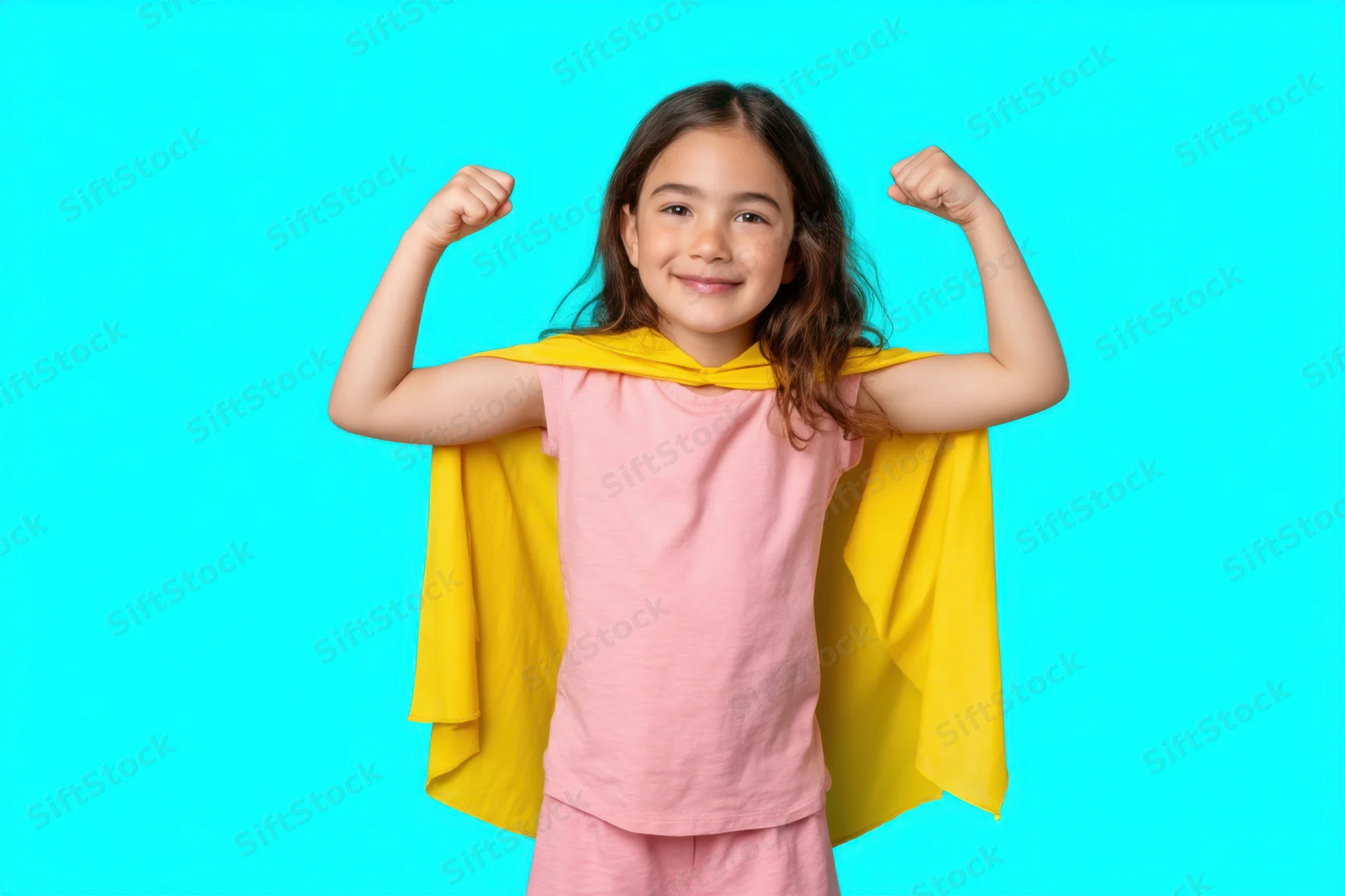 Young girl in pink outfit and yellow cape flexing arms with smile against blue background