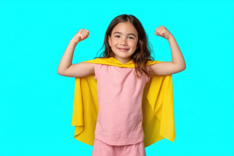 Young girl in pink outfit and yellow cape flexing arms with smile against blue background