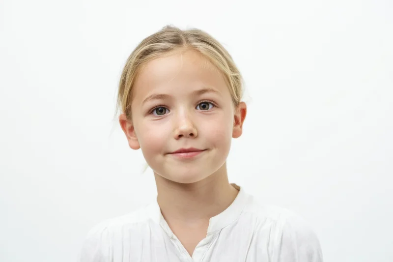 Young girl with blonde hair pulled back wearing a white shirt, smiling softly in a studio portrait