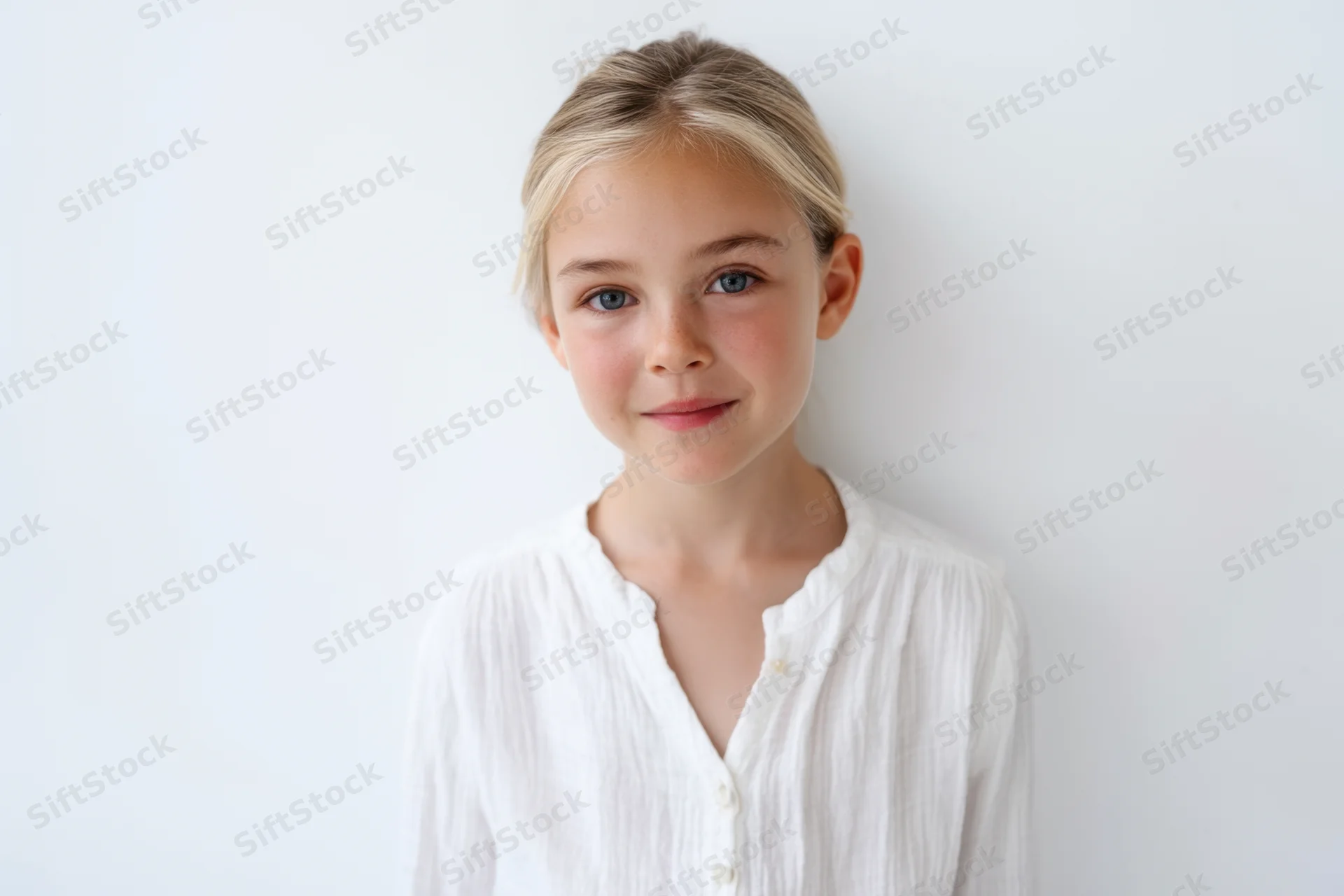 Young girl with blonde hair pulled back wearing white shirt standing against white background