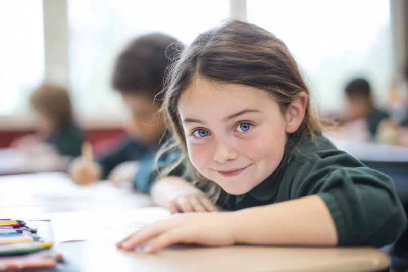 Young girl smiling at desk in classroom with crayons and paper