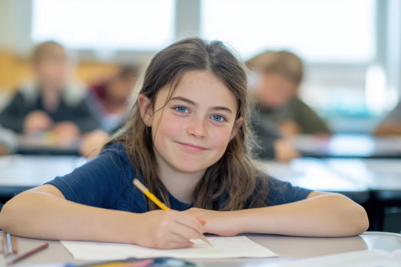 Young girl smiling while writing with a pencil at a desk in a classroom