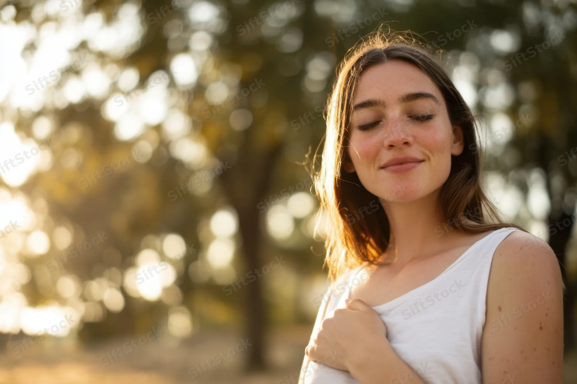 Young woman with eyes closed smiling in a sunlit park