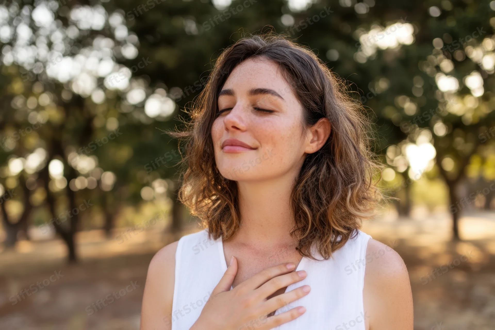 Young woman with eyes closed and hand on chest in a sunlit park