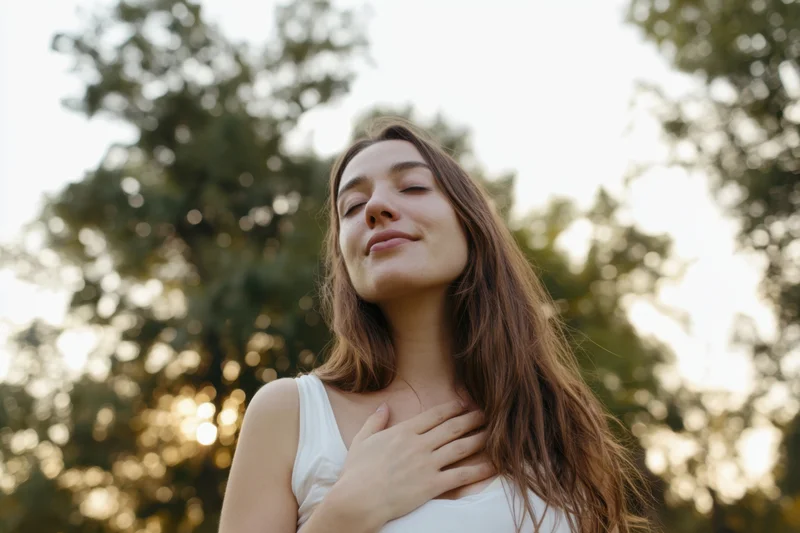 Young woman with eyes closed and hand on chest in sunlit park