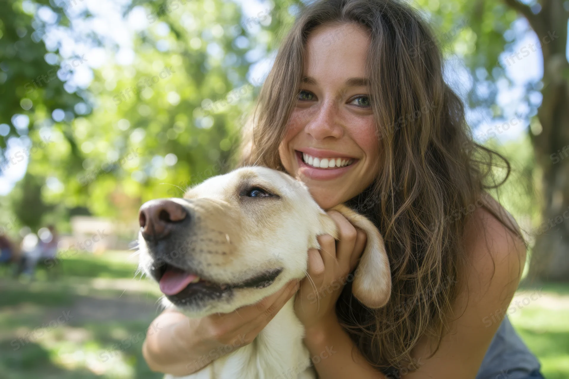 Young woman smiling while hugging a labrador dog in a sunlit park