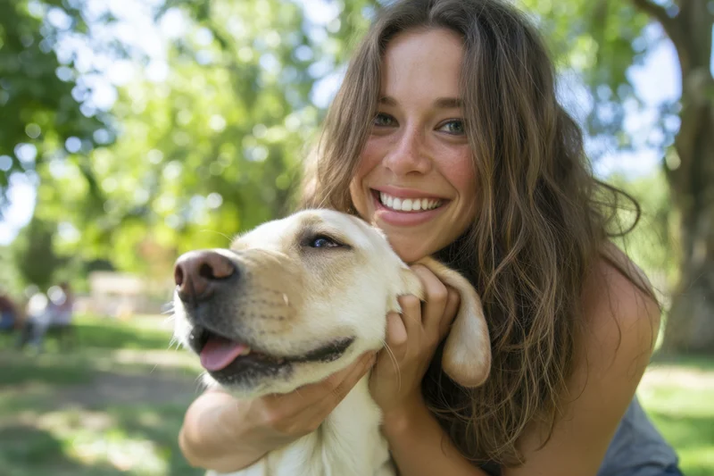 Young woman smiling while hugging a labrador dog in a sunlit park