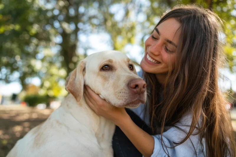 Young woman smiling and hugging a white labrador dog in a sunlit park