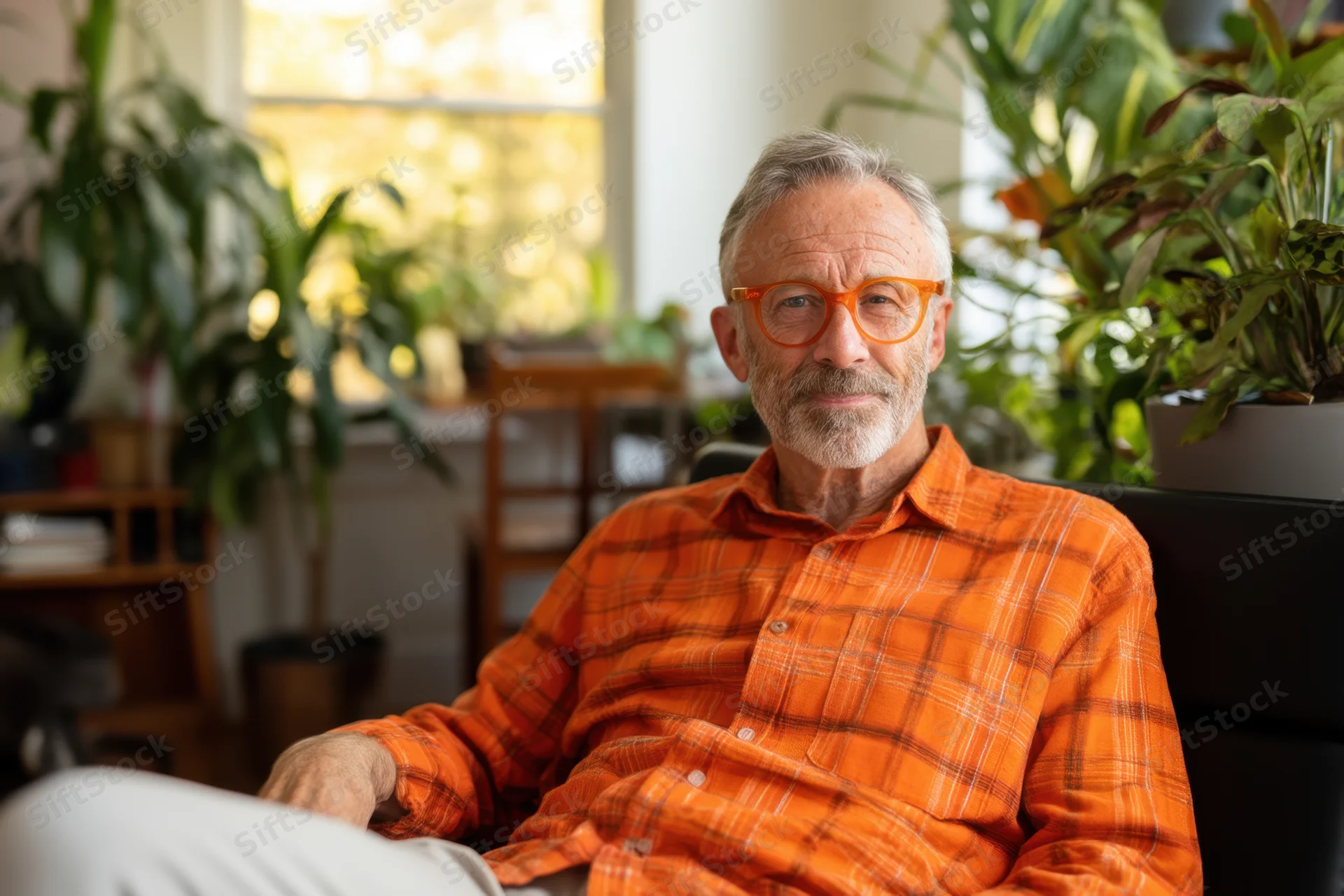 Senior man in orange plaid shirt and glasses sitting relaxed on couch in sunlit living room with houseplants around