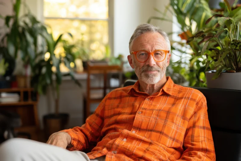 Senior man in orange plaid shirt and glasses sitting relaxed on couch in sunlit living room with houseplants around