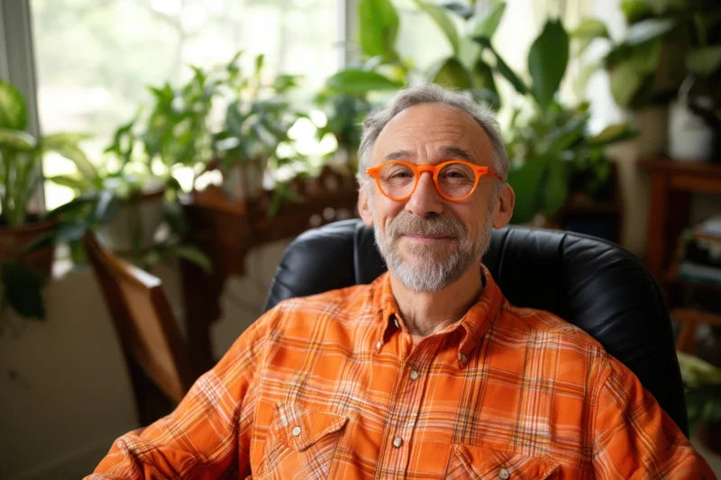 Senior man with gray hair and orange glasses smiling while seated in a leather chair surrounded by houseplants indoors