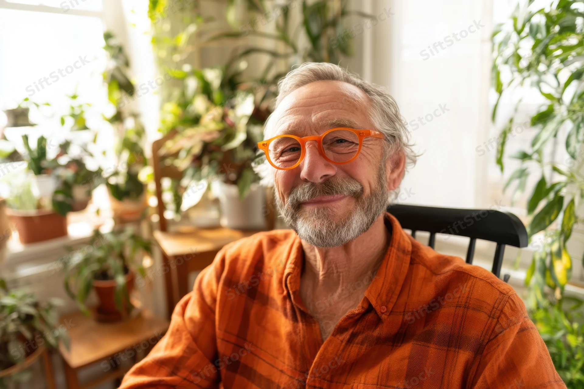 Senior man smiling with orange glasses and plaid shirt in a sunlit room filled with houseplants