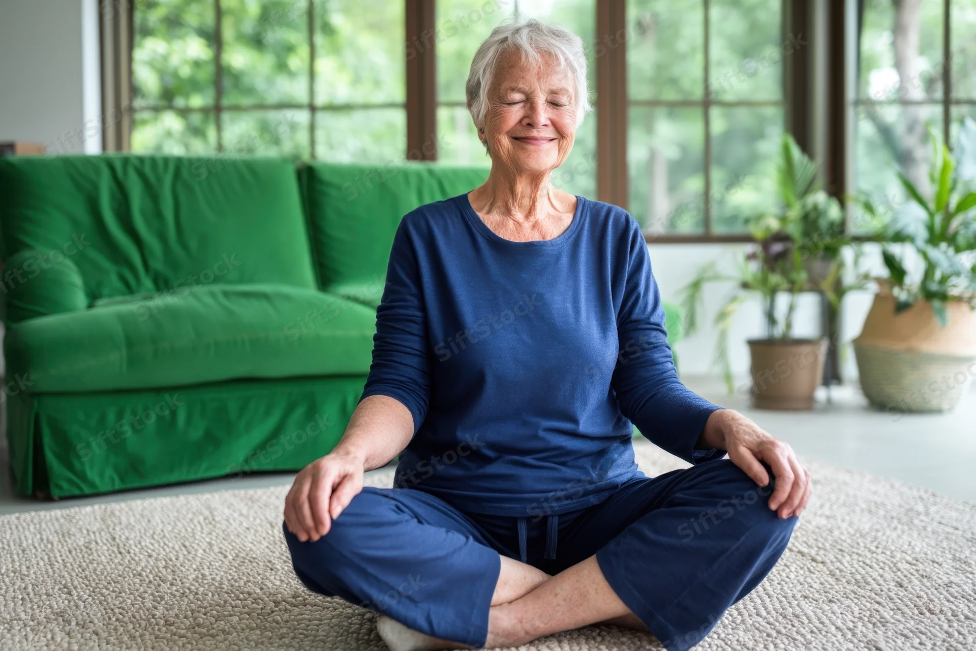 Senior woman meditating cross legged on a rug in a sunlit living room with green sofa and plants