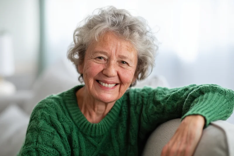 Elderly woman smiling while seated on a couch in a living room wearing a green knit sweater