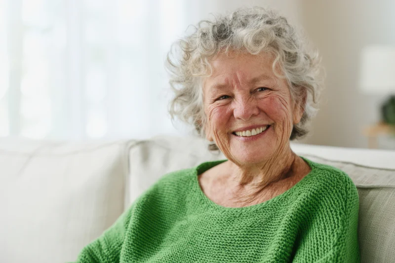 Elderly woman smiling while sitting on a couch in a bright living room