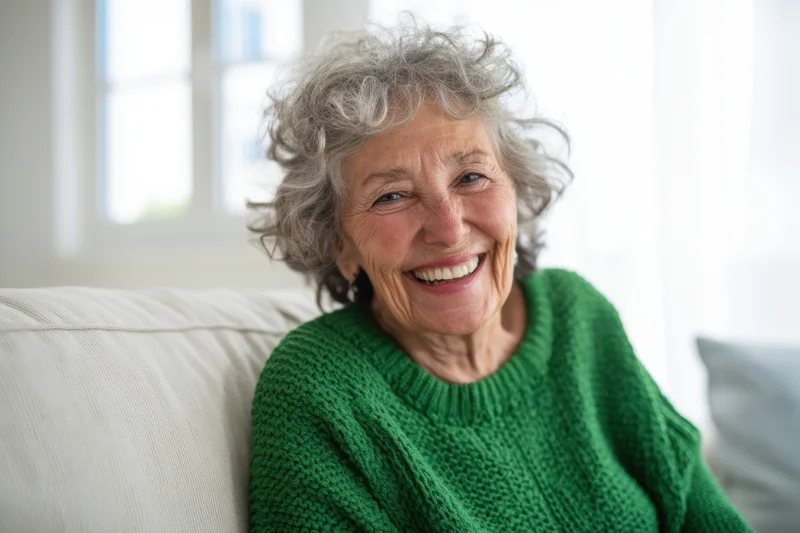 Elderly woman smiling while sitting on a couch in a bright living room