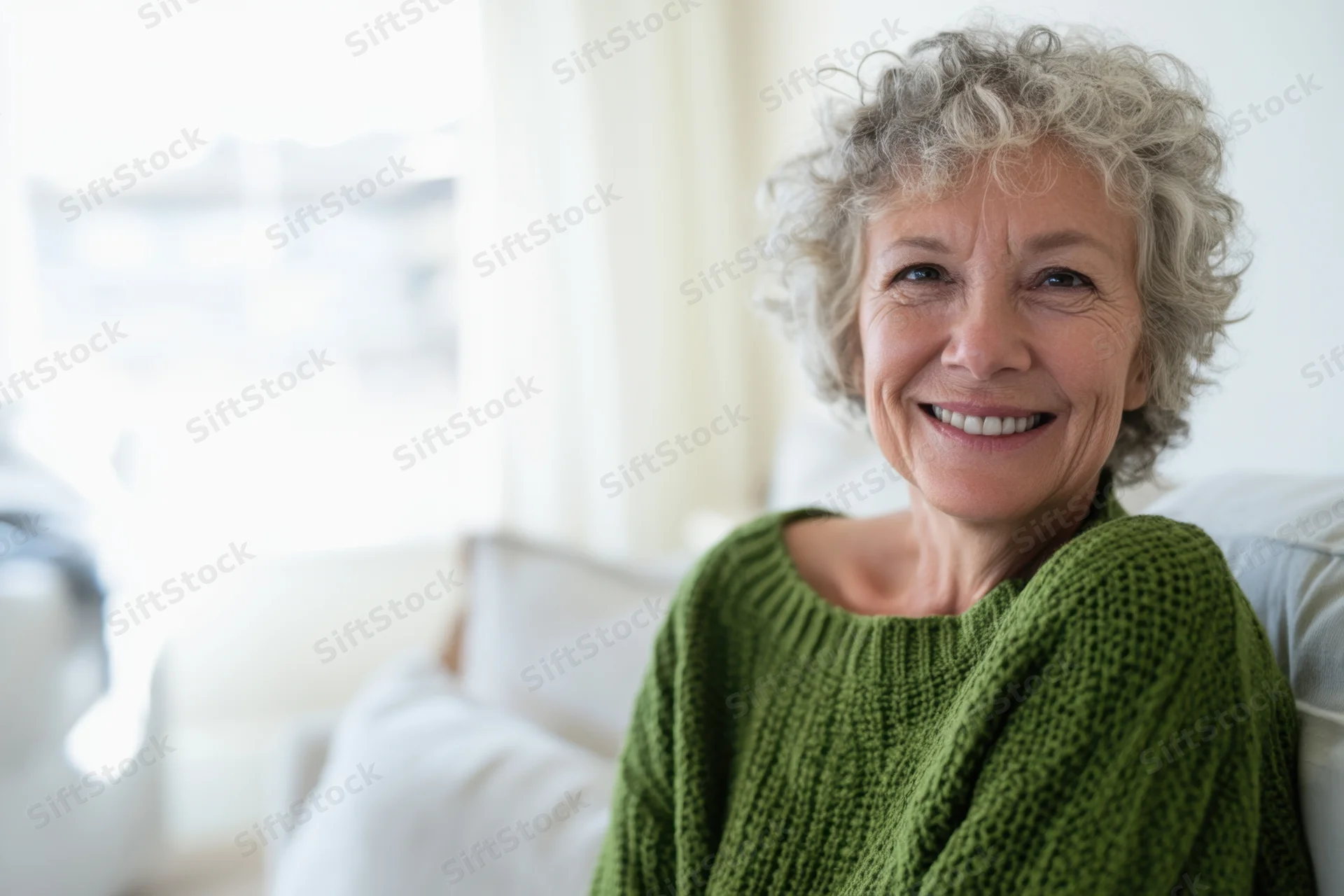 Senior woman smiling while sitting on a couch in a bright living room