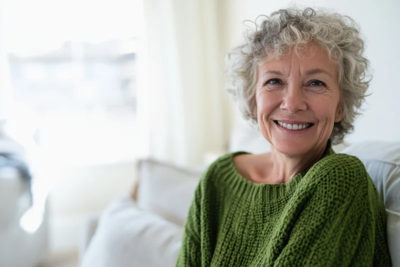 Senior woman smiling while sitting on a couch in a bright living room