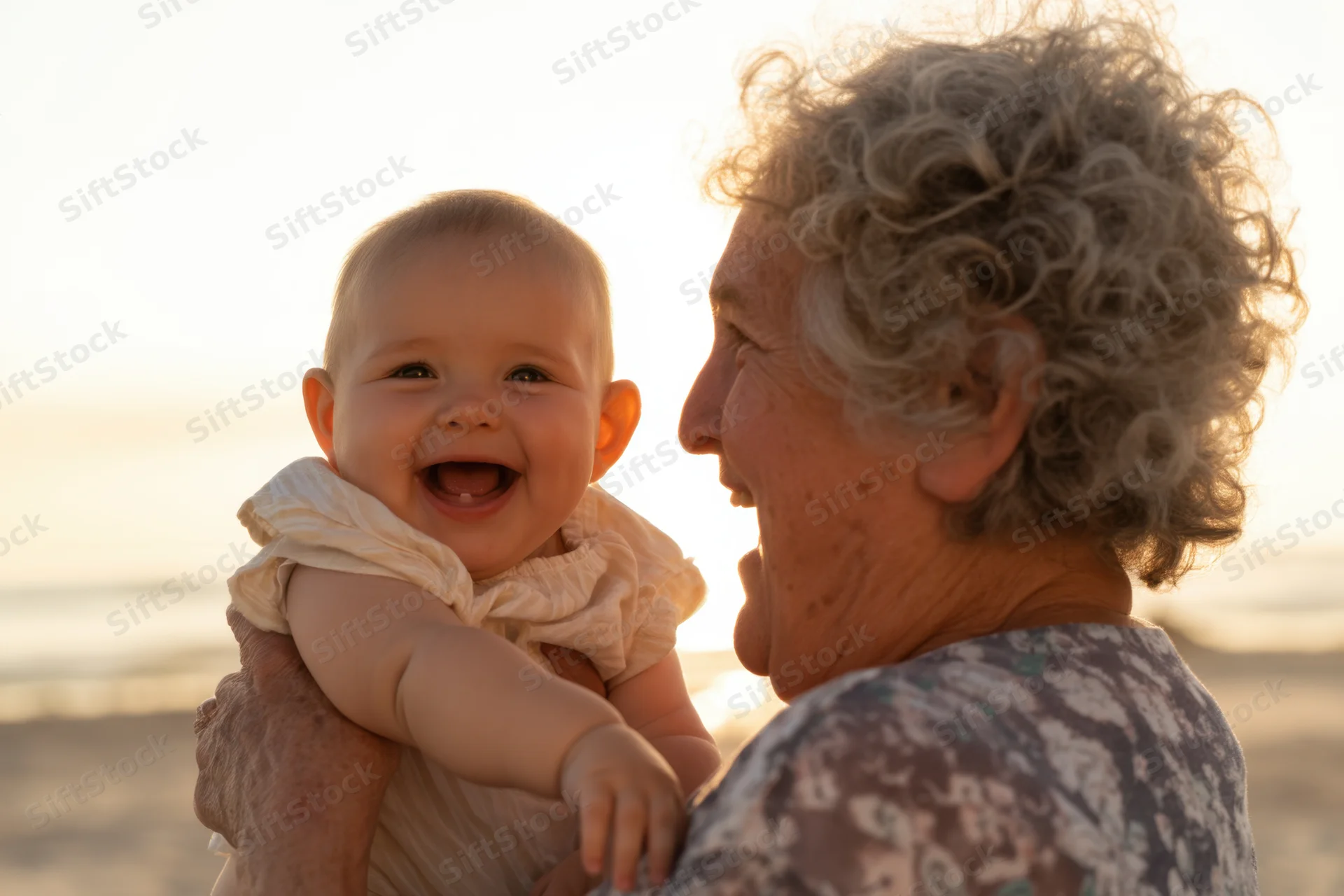 Grandmother holding laughing baby on beach at sunset
