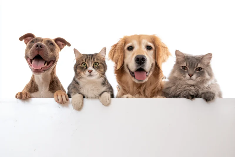 Four pets peeking over white surface in studio setting