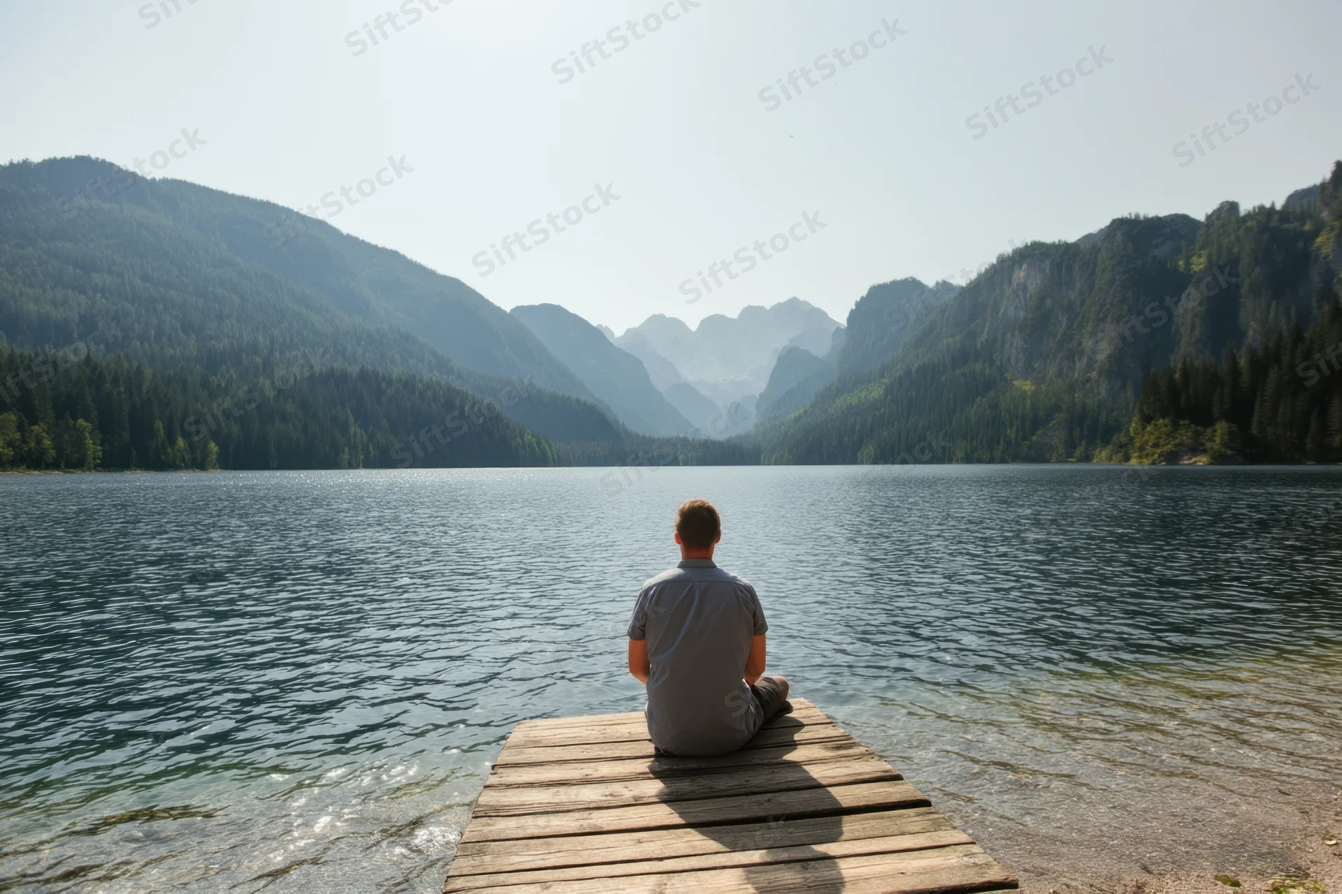 Man sitting on wooden dock facing calm lake surrounded by forested mountains