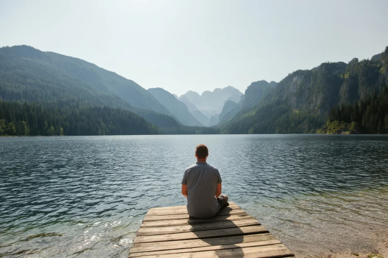 Man sitting on wooden dock facing calm lake surrounded by forested mountains