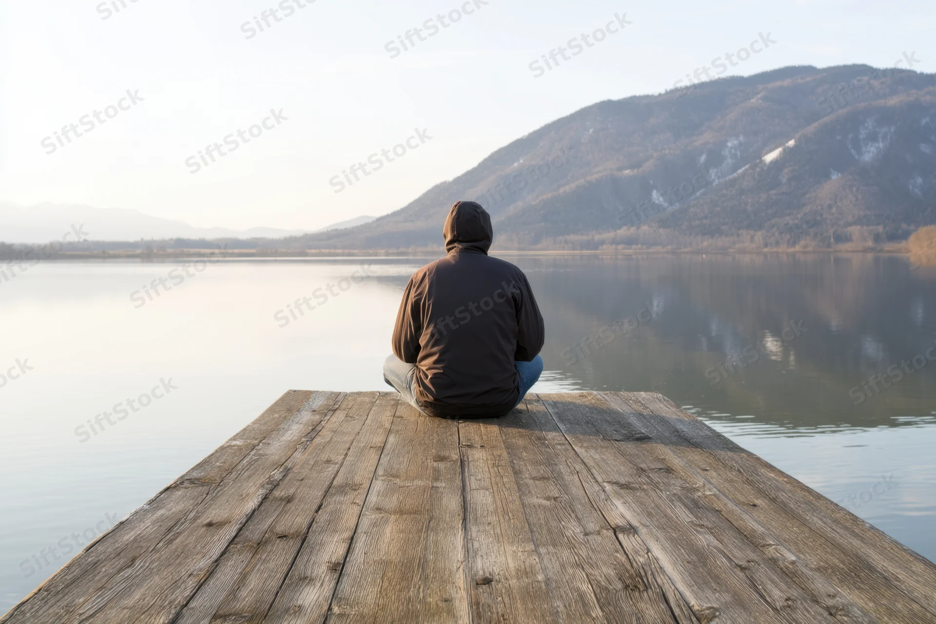 Man sitting on wooden dock facing calm lake with mountains in background