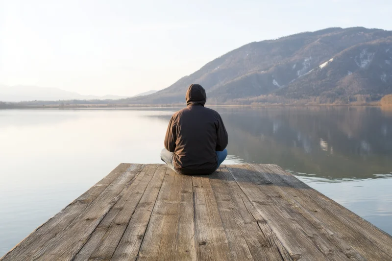 Man sitting on wooden dock facing calm lake with mountains in background