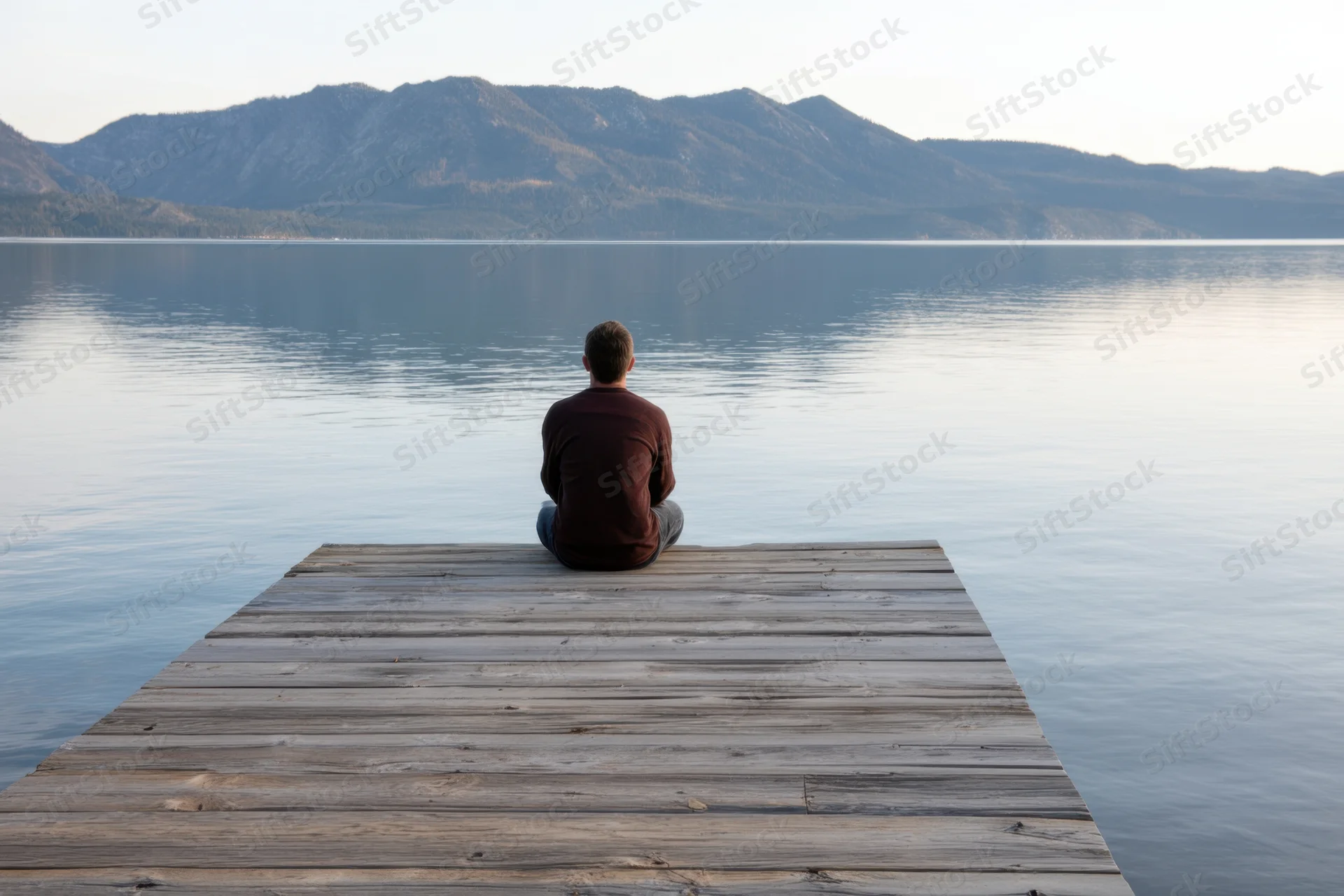 Man sitting on wooden dock facing calm lake with mountains in distance