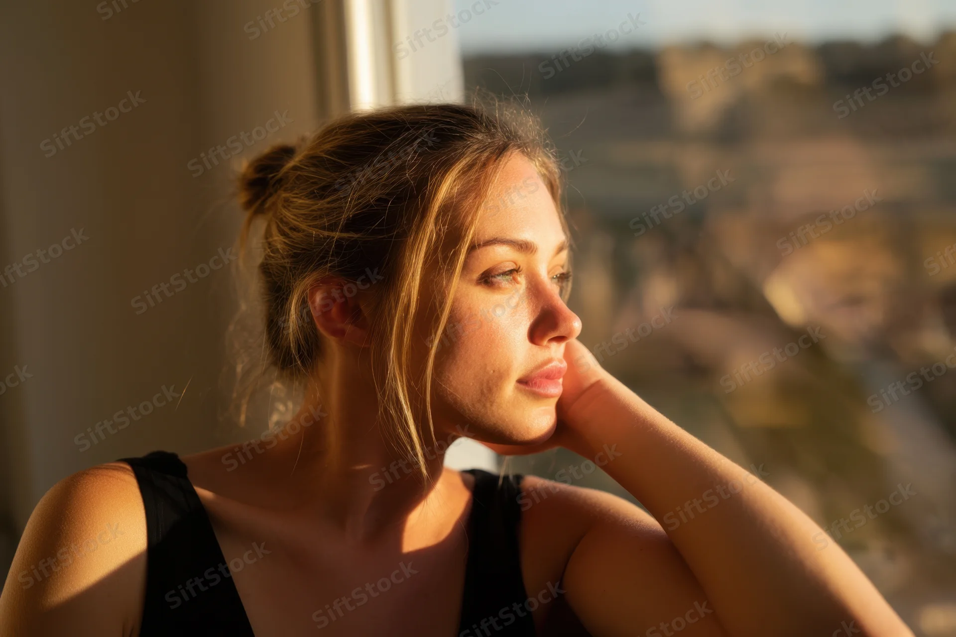Woman resting her chin on her hand while gazing out a window at a city view in warm sunlight