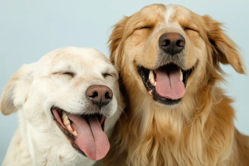 Two dogs with closed eyes and open mouths smiling closely together against a light blue background