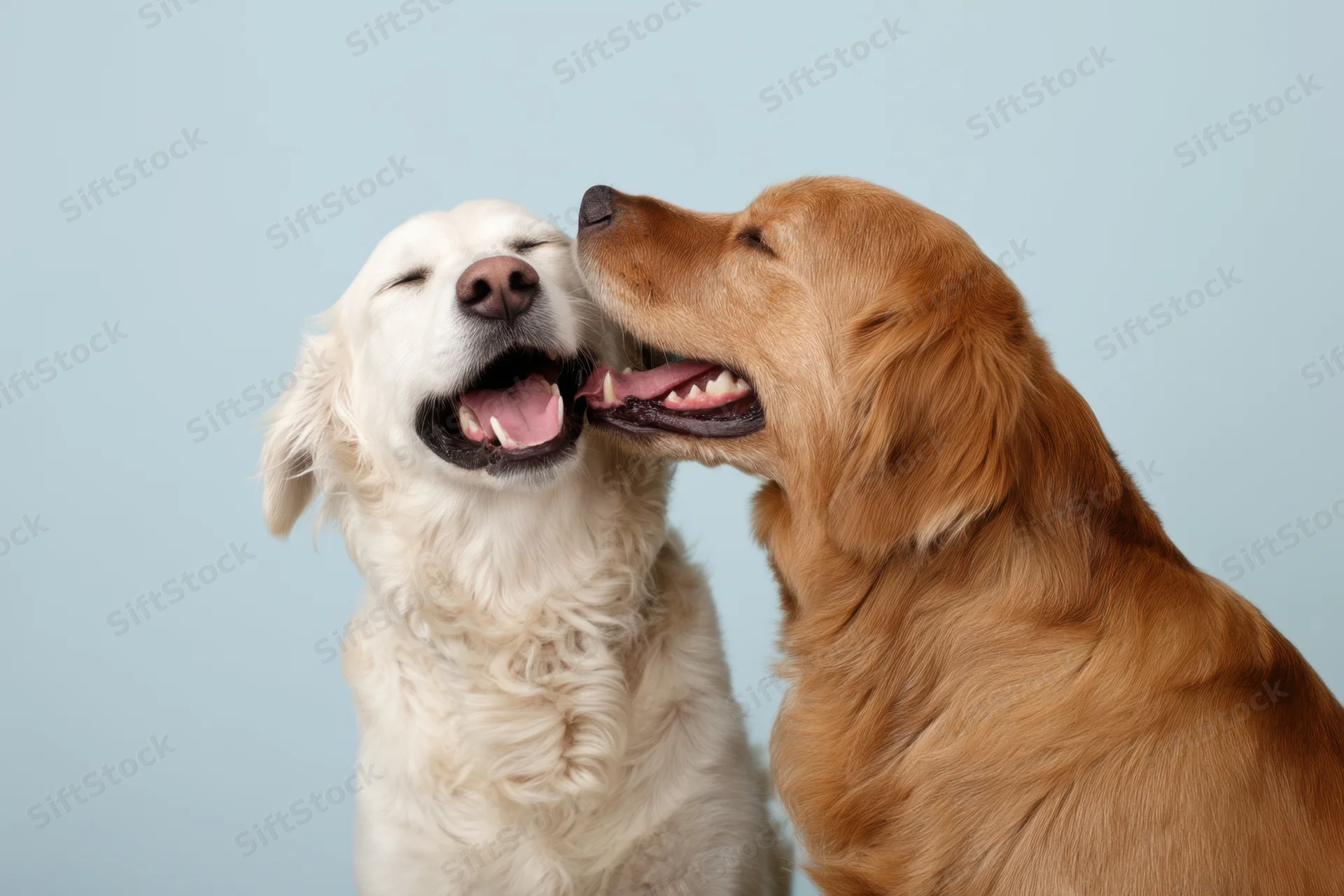 Two golden retrievers playfully licking each other in a studio setting
