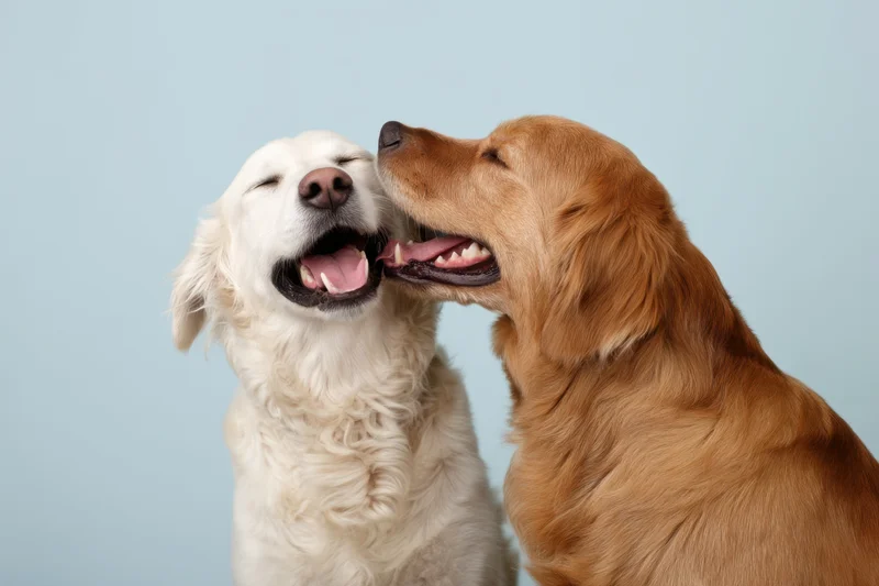 Two golden retrievers playfully licking each other in a studio setting