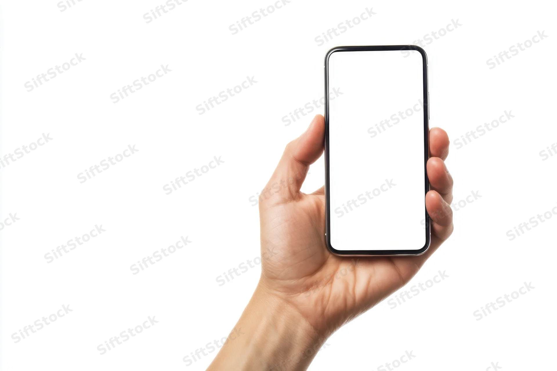 Hand holding smartphone with blank screen against white background