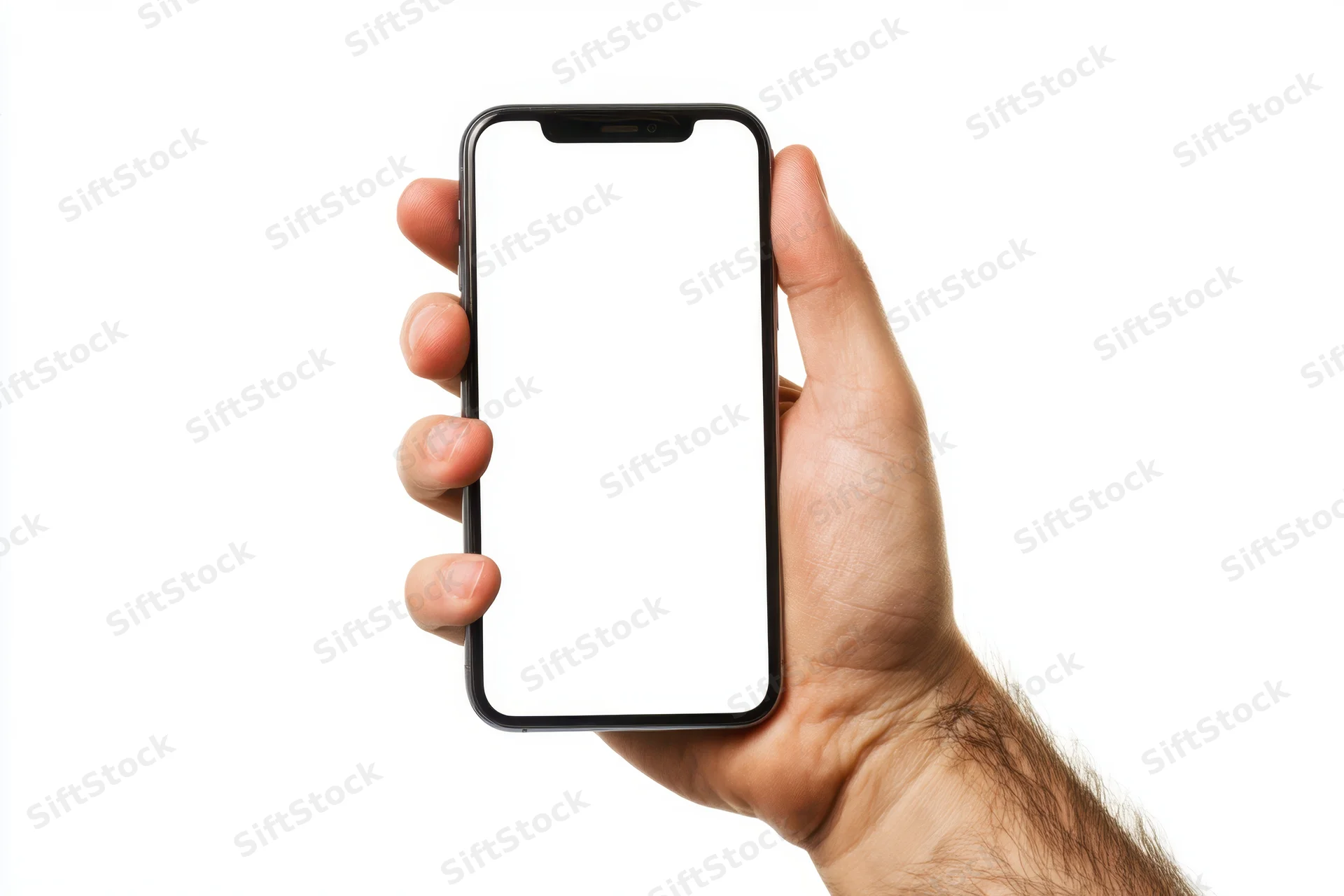 Hand holding smartphone with blank screen against white background