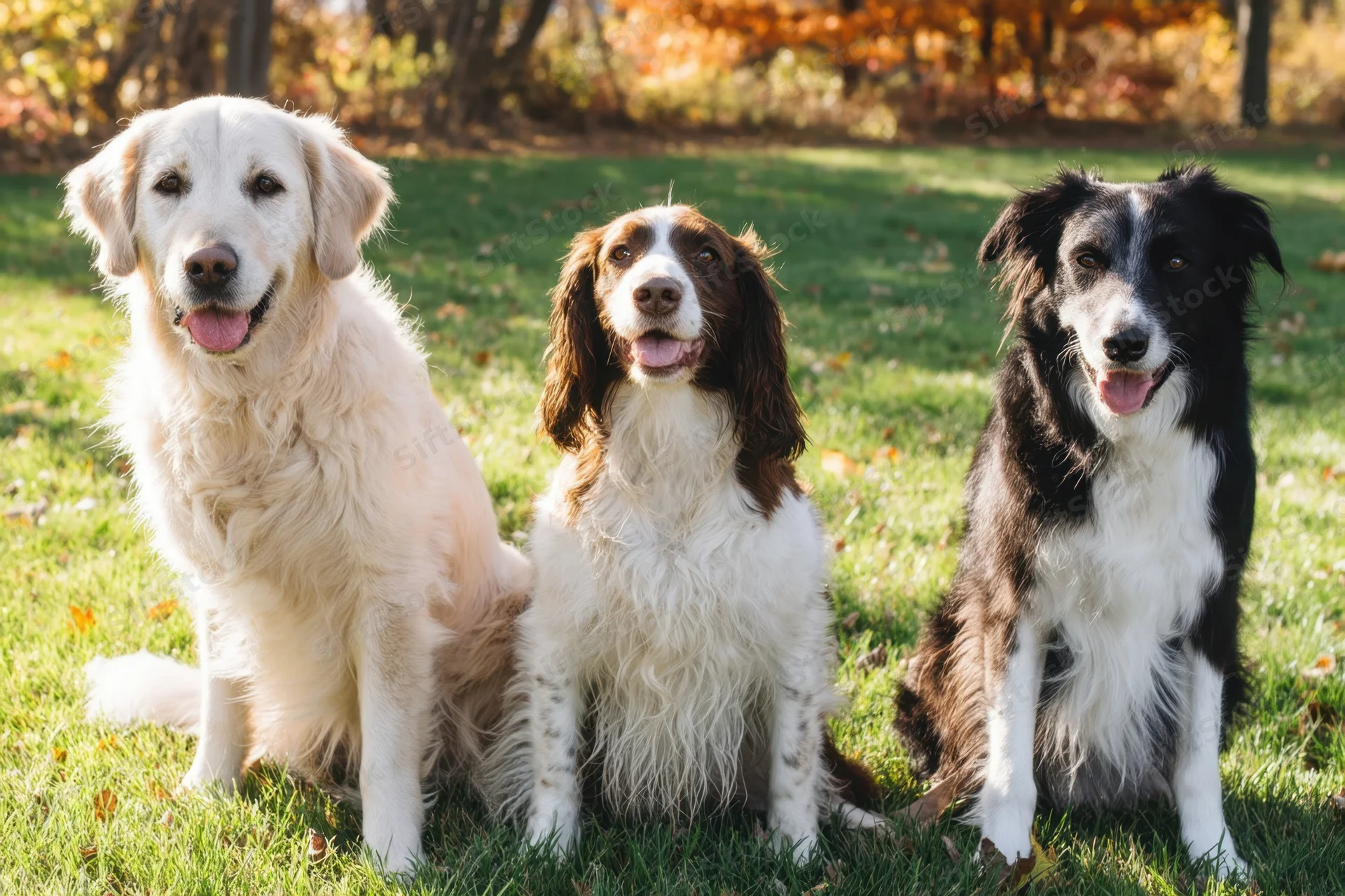 Three dogs sitting together on a sunlit park lawn in autumn