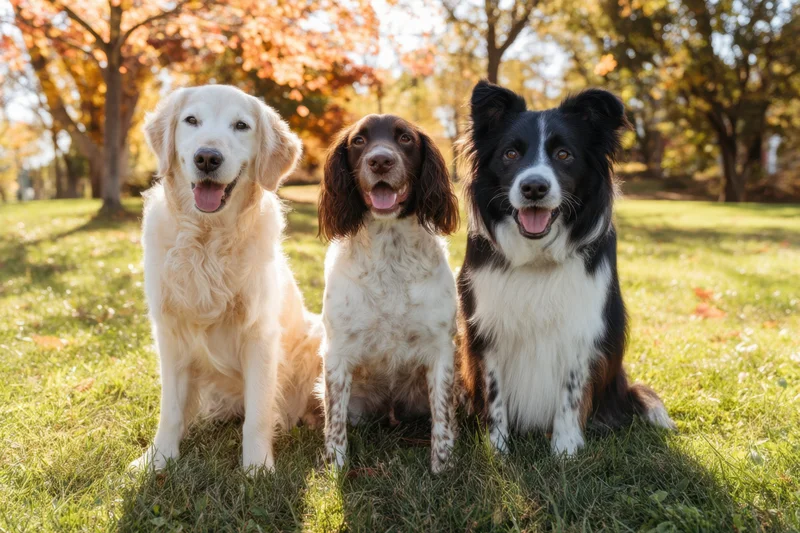 Three dogs sitting together on a sunlit park lawn in autumn