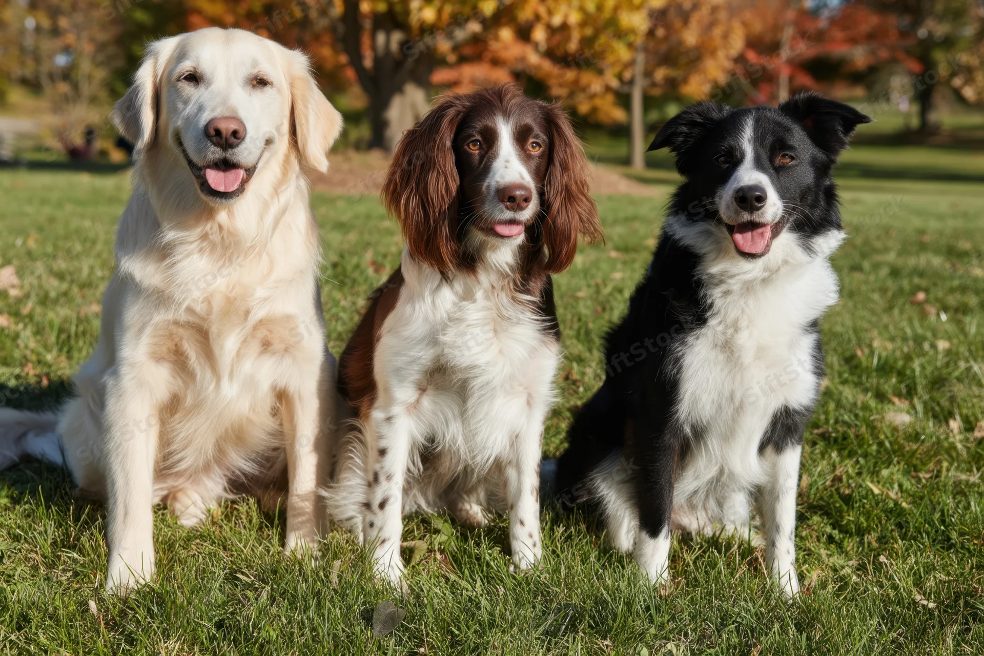 Three dogs sitting together on a grassy park lawn in autumn sunlight
