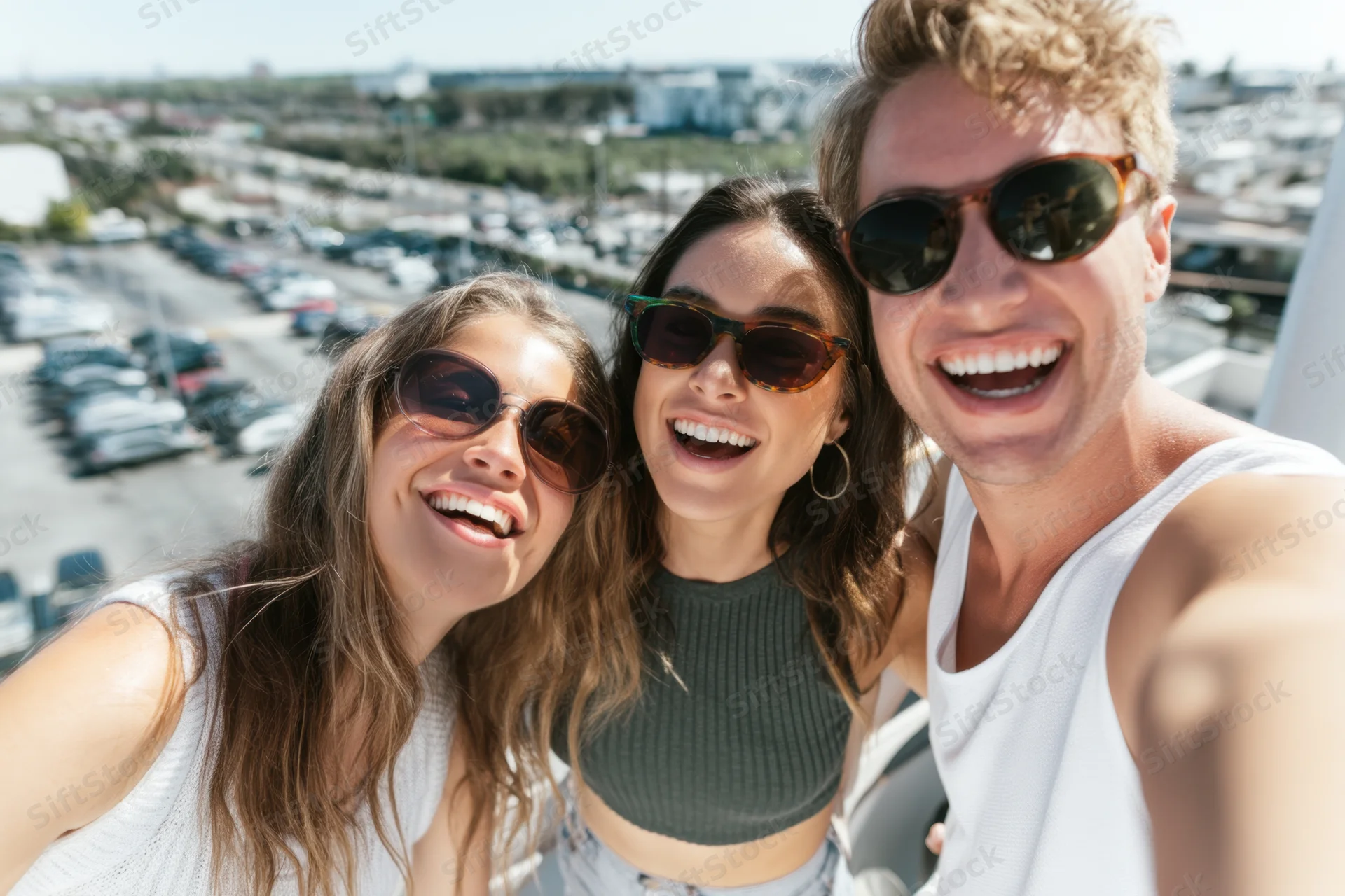 Three friends smiling and taking a selfie on a rooftop overlooking a city parking lot on a sunny day