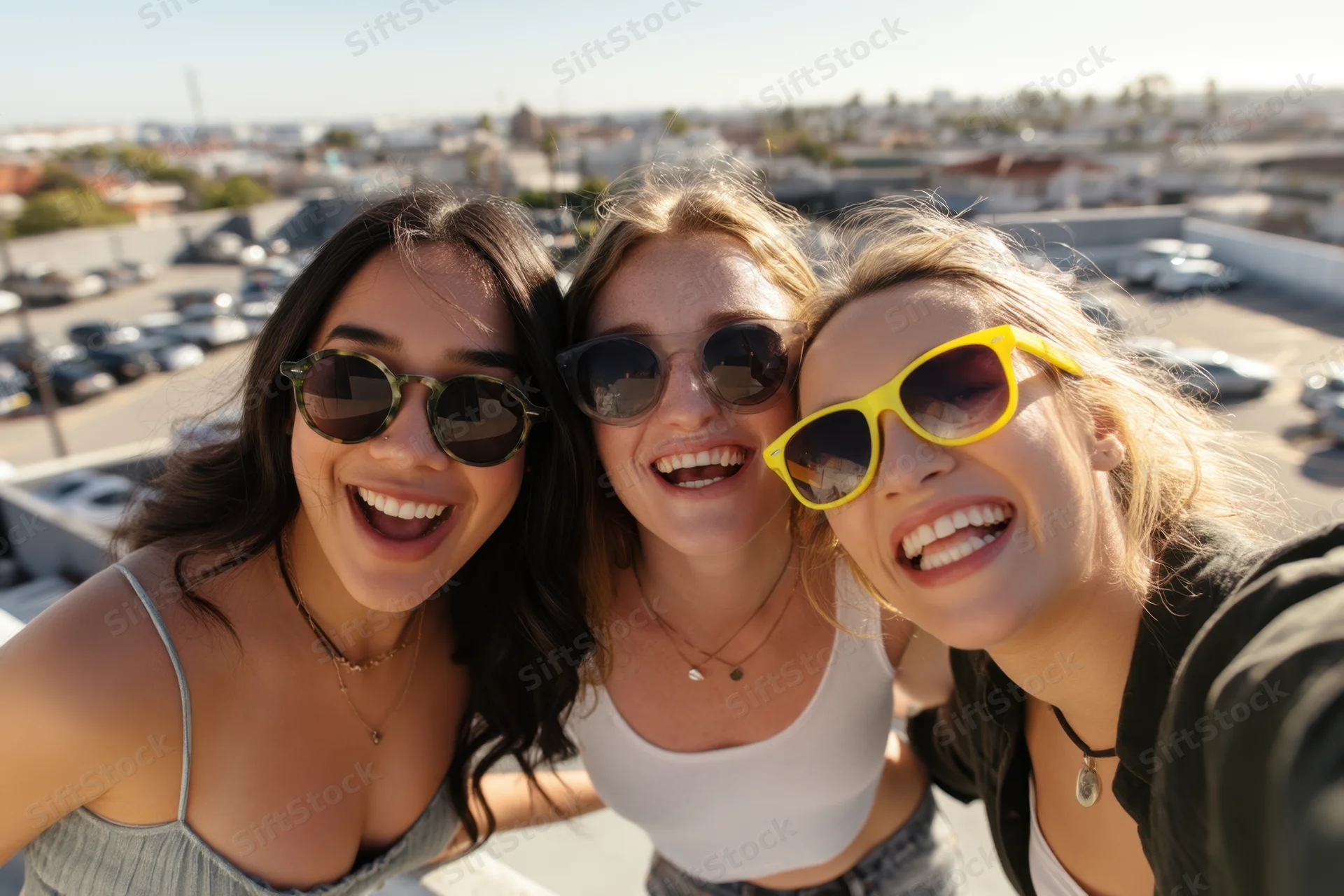 Three women smiling and taking a selfie on a rooftop with cityscape behind them