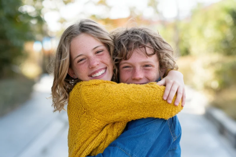 Two children hugging warmly on an outdoor walkway surrounded by greenery
