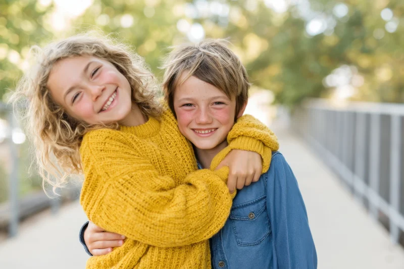 Two children hugging warmly on an outdoor walkway with greenery in the background