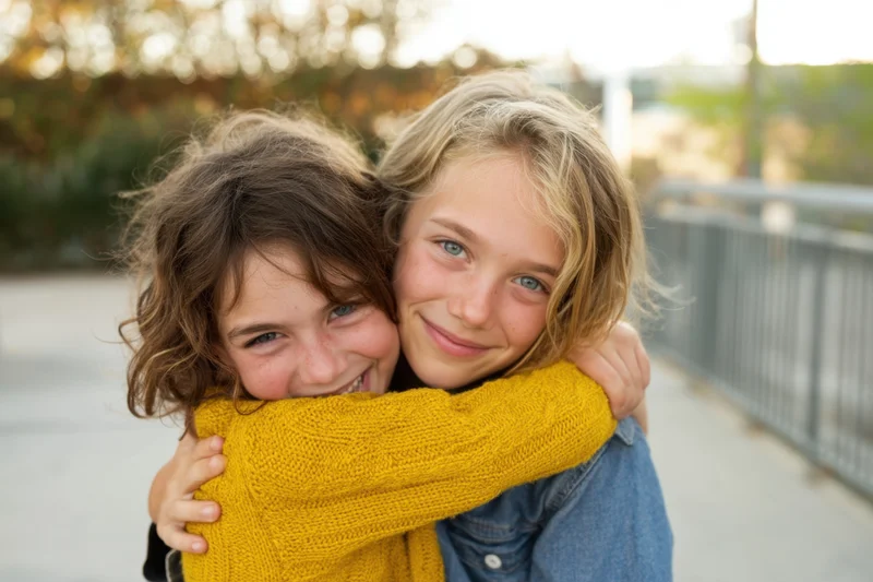 Two children hugging warmly on an outdoor walkway during golden hour