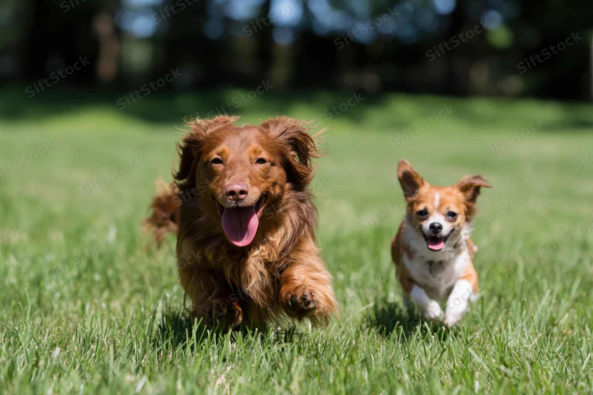 Two dogs running across a sunlit green field