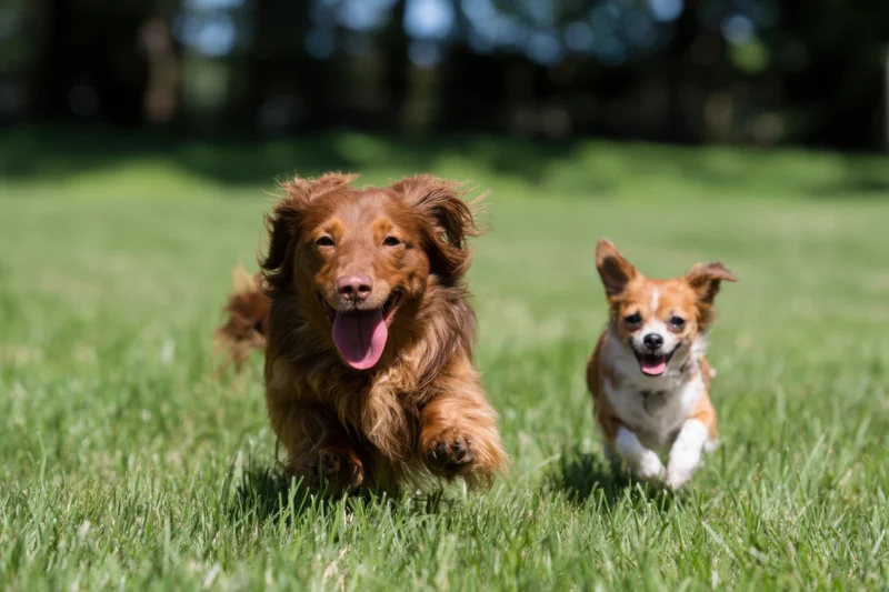 Two dogs running across a sunlit green field